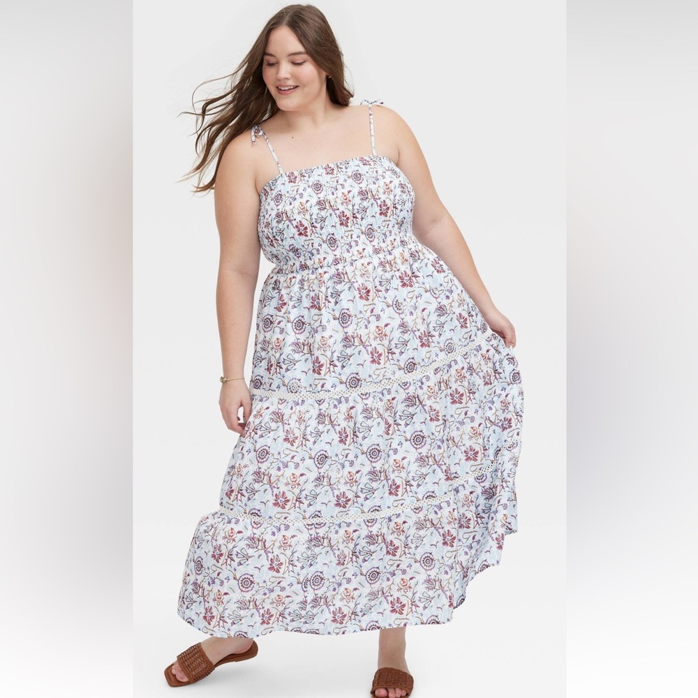 Roller rabbit x target women’s floral tie-shoulder tiered maxi a-line dress-Blue